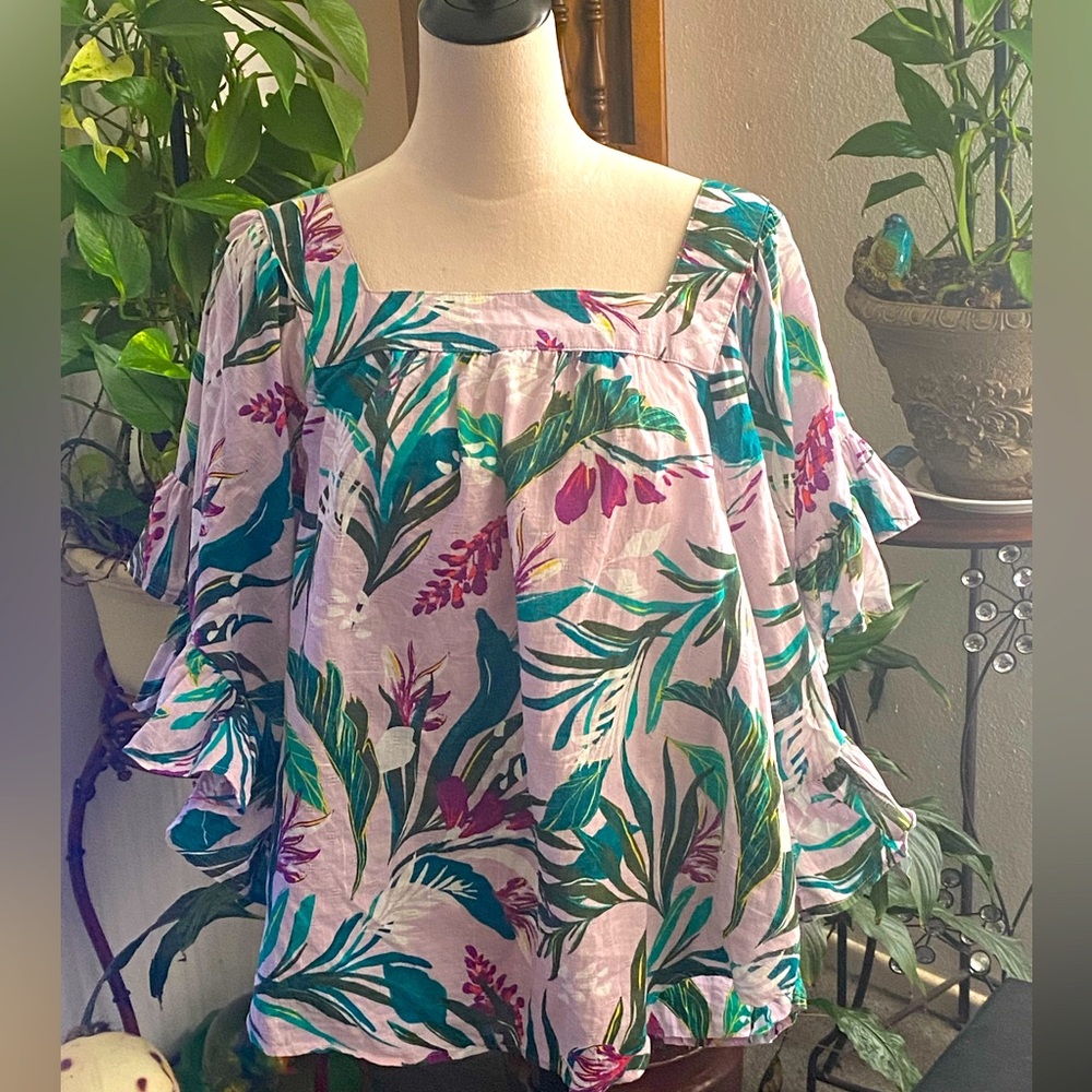 Terra & Sky Leafy Floral Blouse with Ruffle Sleeves